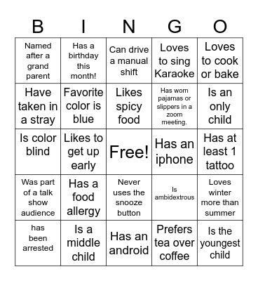 Team Building Ice Breaker! Bingo Card