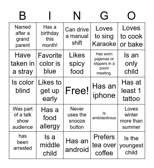 Team Building Ice Breaker! Bingo Card