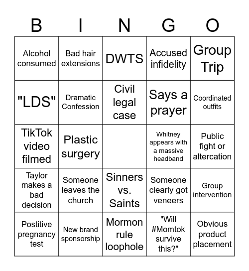 Secret Lives of Mormon Wives Bingo Card
