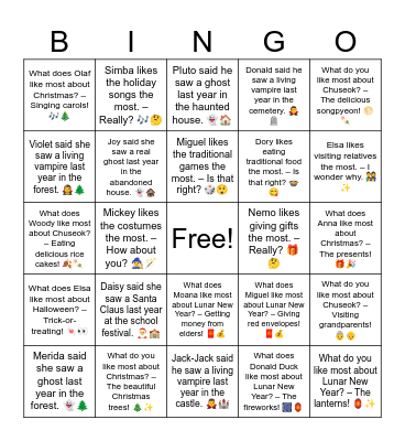 B18 L15 Elsa likes visiting relatives the most. – I wonder why. 👨‍👩‍👧‍👦✨ Bingo Card