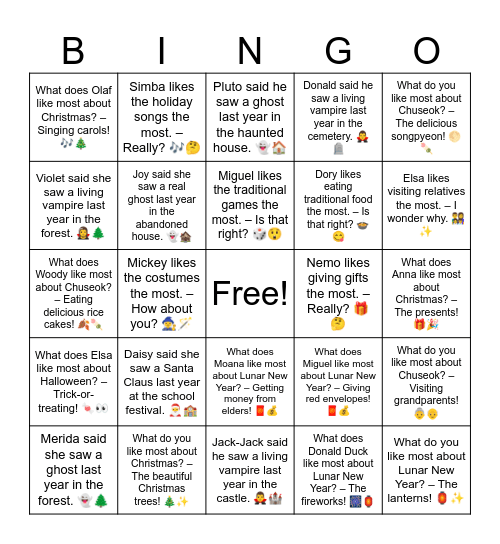 B18 L15 Elsa likes visiting relatives the most. – I wonder why. 👨‍👩‍👧‍👦✨ Bingo Card
