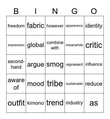 English Vocabulary Bingo Card