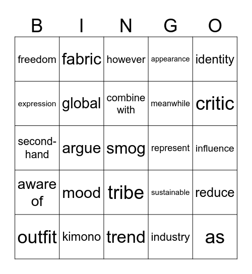 English Vocabulary Bingo Card