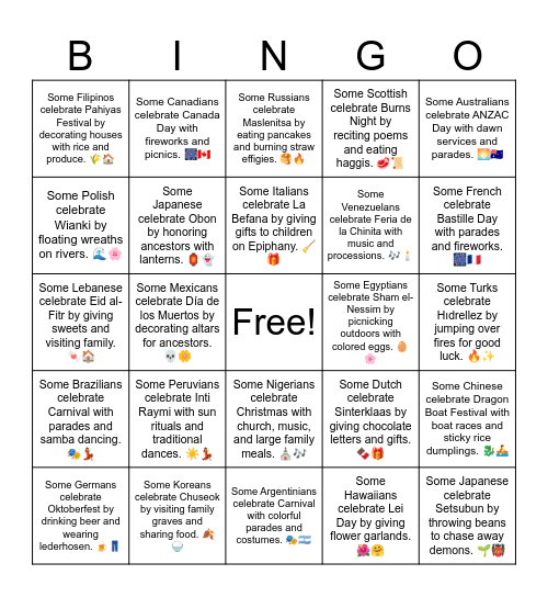 B19 L19 Some Polish celebrate Wianki by floating wreaths on rivers. 🌊🌸 Bingo Card