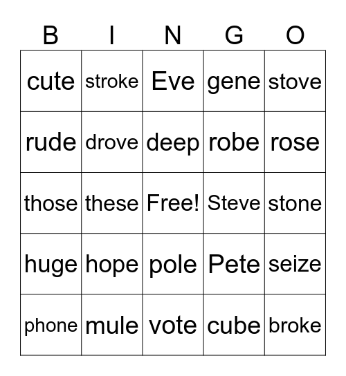 Long o,u,e Bingo Card