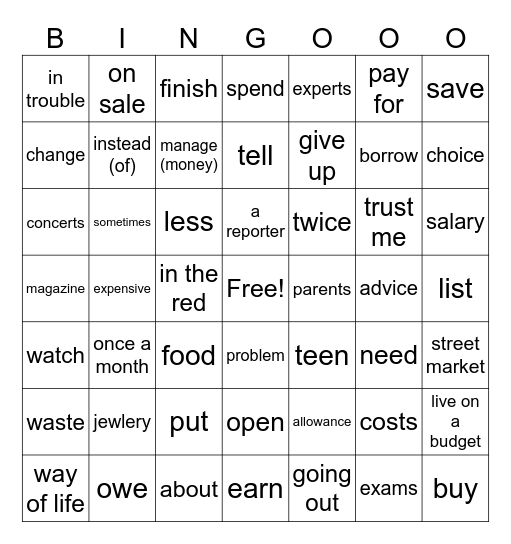 Vocabulary Bingo Card