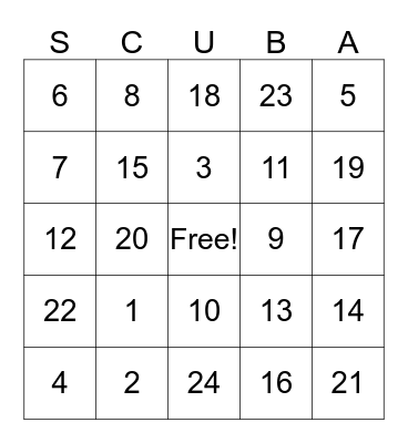 Beach Theatre SCUBA Bingo Card