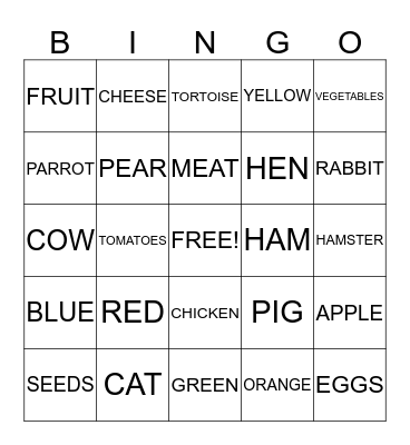 ANIMALS, FOOD AND  COLOURS Bingo Card