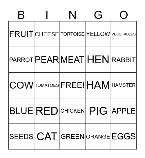 ANIMALS, FOOD AND  COLOURS Bingo Card