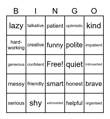 Personality Bingo Card