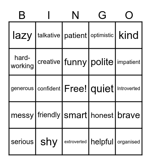 Personality Bingo Card