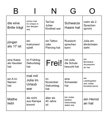 Such mir eine Person die … Bingo Card