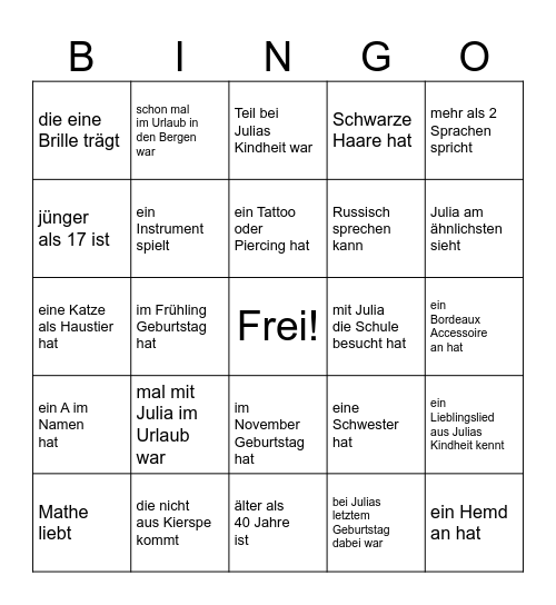 Such mir eine Person die … Bingo Card