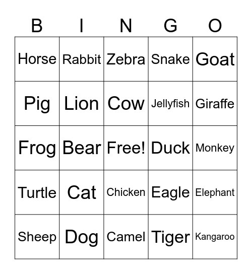 Animals Bingo Card