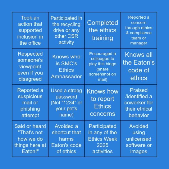 Ethics Bingo Card
