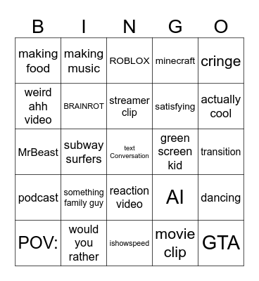youtube shorts bingo Card