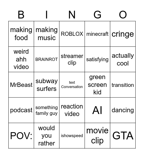 youtube shorts bingo Card