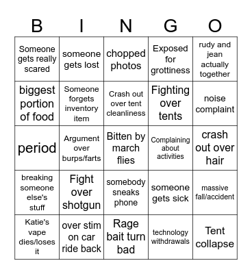 A Band Camping Trip Bingo Card