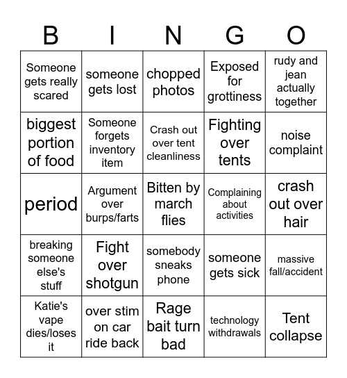 A Band Camping Trip Bingo Card