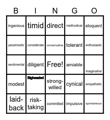 personality adjectives Bingo Card
