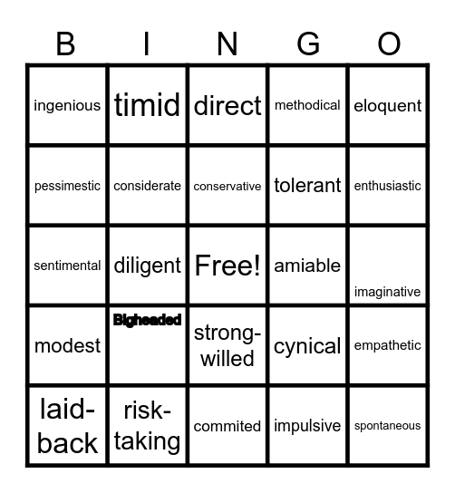 personality adjectives Bingo Card
