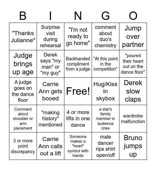 DWTS Bingo Card