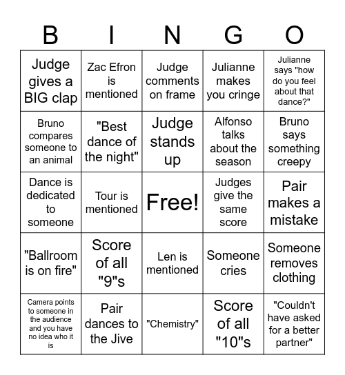 DWTS Bingo Card