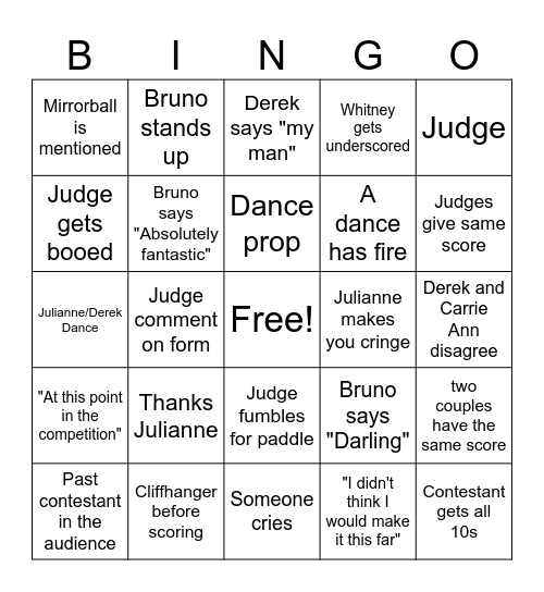 DWTS Bingo Card