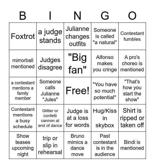 DWTS Bingo Card