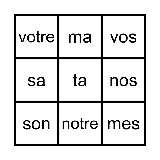 Déterminants possessifs Bingo Card