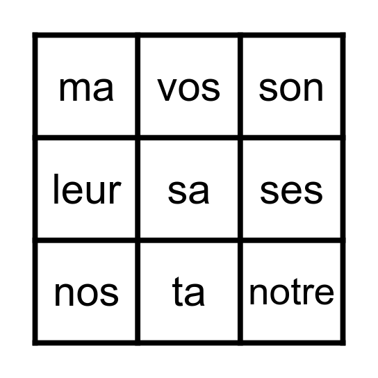 Déterminants possessifs Bingo Card
