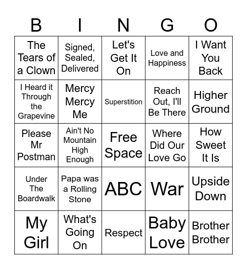 Motown Music Bingo Card