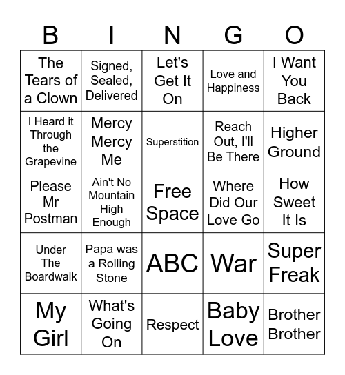 Motown Music Bingo Card