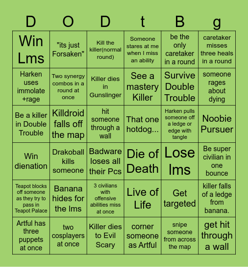 Die of Death Bingo Card