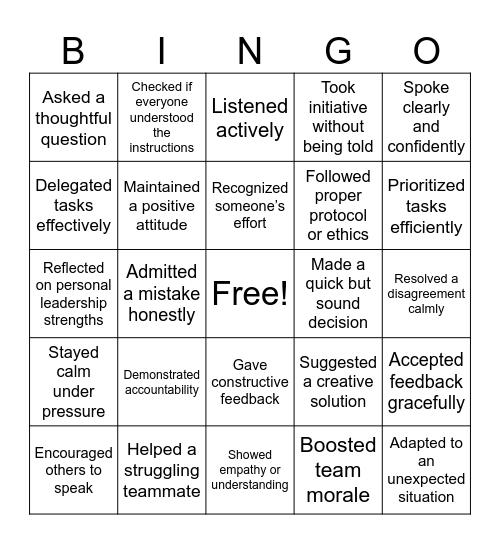 Leadership Bingo Card
