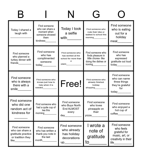AISD's ES Gratitude Bingo Card