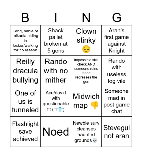 Dbd Bingo Card