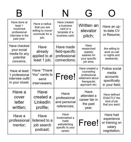 Job Strategies Bingo Card