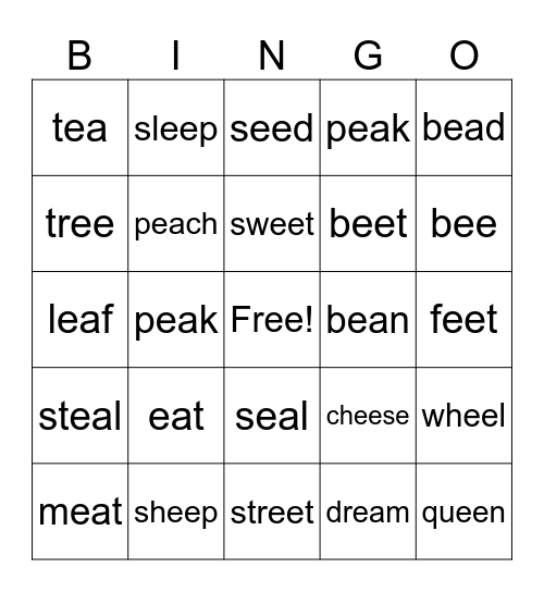 Long E (ee and ea) Bingo Card