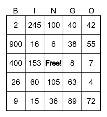 MENTAL MATH Bingo Card