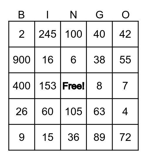 MENTAL MATH Bingo Card