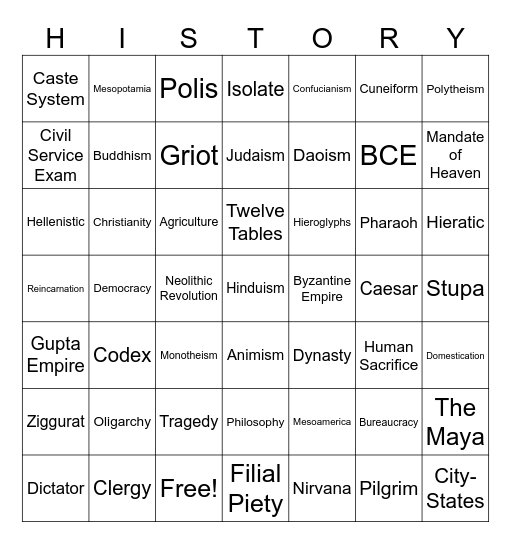 Unit 1: Deep History Review Bingo Card