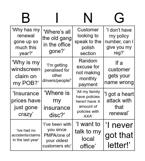 AXA BINGO Card