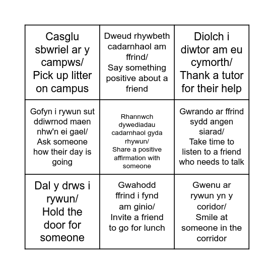 Bingo Gweithredoedd Caredig / Acts of Kindness Bingo Card