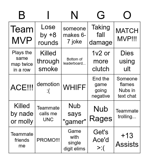 NUBS VAL BINGO CARD Bingo Card