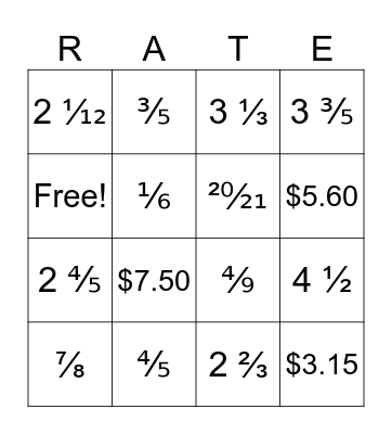 Ratios of Fractions Bingo Card