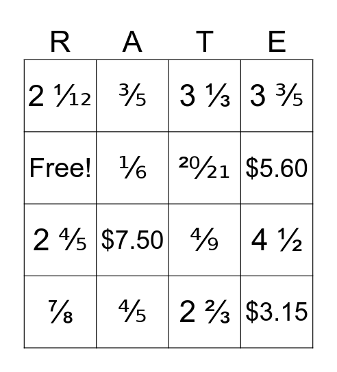 Ratios of Fractions Bingo Card