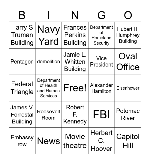 Google Earth Tour: The Executive Branch Bingo Card