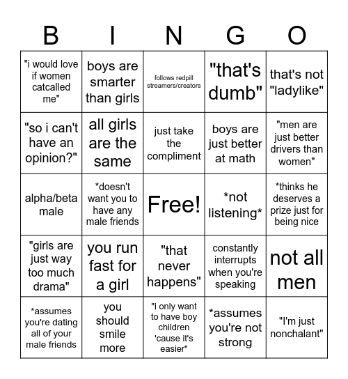 Misogyny Bingo Card