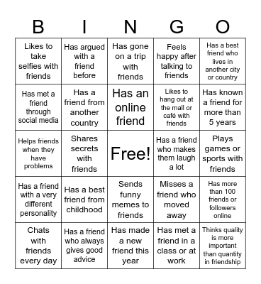 Friendship Bingo Card